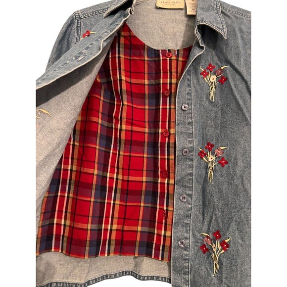 Lemon Grass Denim Shirt Jacket Floral Embroidery Red Plaid Front Panel Petite M - Picture 7 of 14